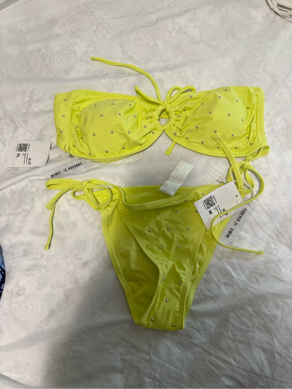 Neon Yellow Rhinestone Tie Bikini Set